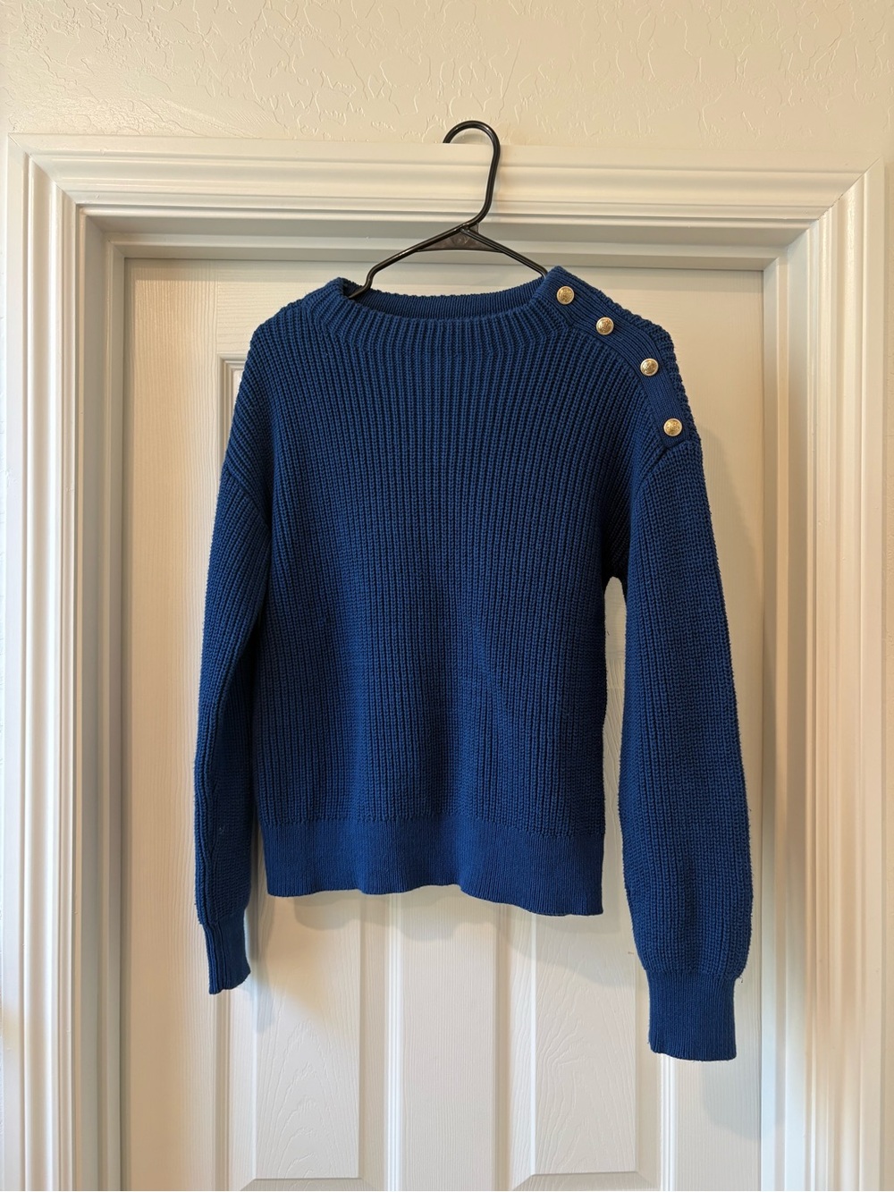 Ann Taylor Royal Blue Crewneck Sweater with Shoulder Buttons